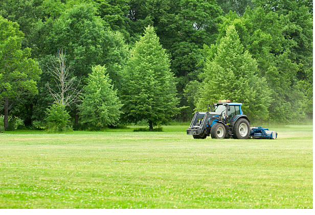Operator with a tractor and finish mower on a large green property